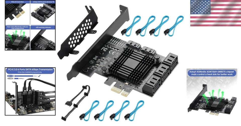 Full Package: PCIE SATA Card with 8 Ports, Cables & Low Profile Bracket Included - Image 2 of 4