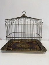 Ancienne cage à oiseau simple métal doré avec socle laiton breveté décoratif Hendryx