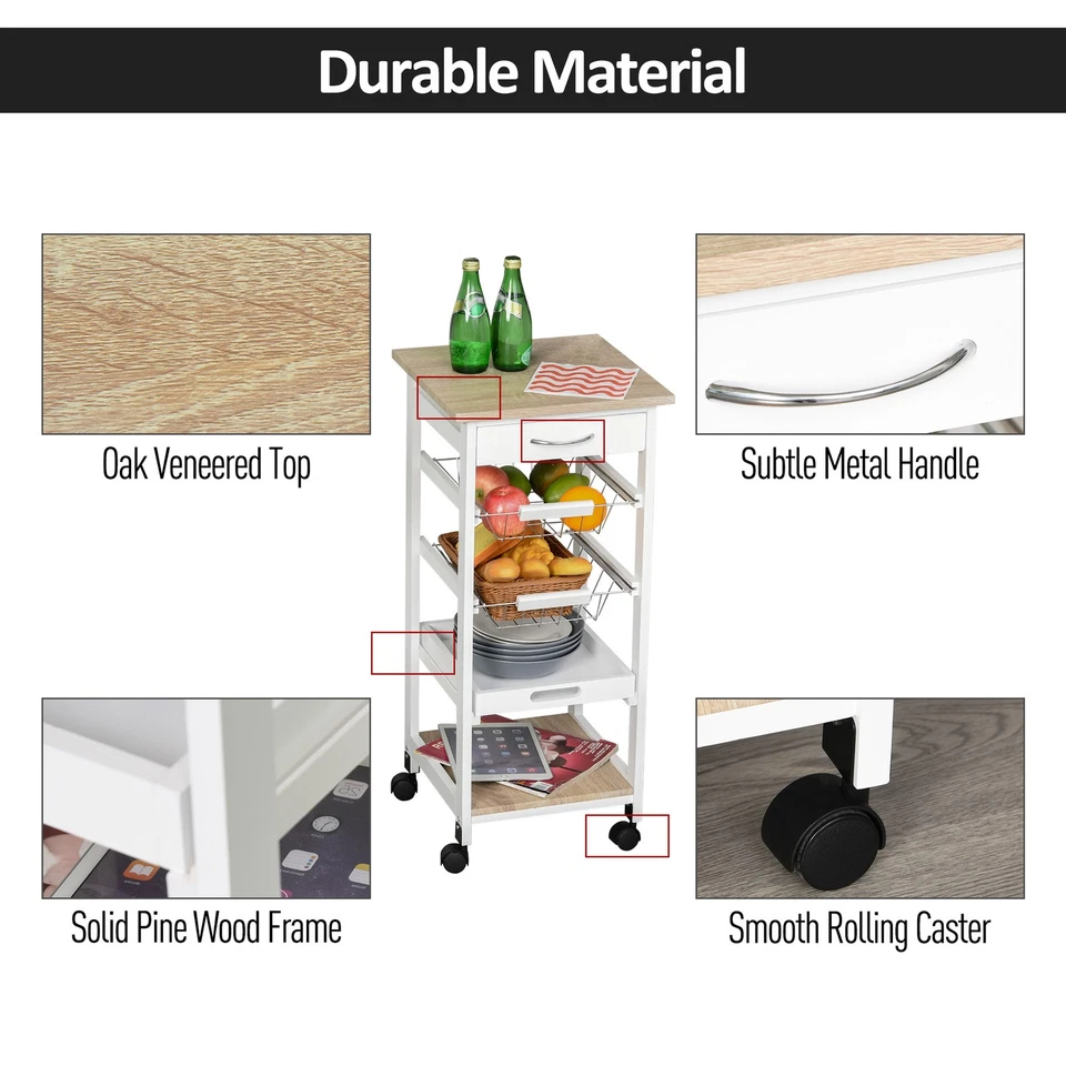 HOMCOM Mobile Rolling Kitchen Island Trolley for Home Metal Baskets Tray Shelves - Image 4 of 4