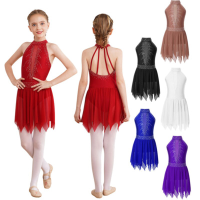 Mädchen glänzend Strass Lyrisch Ballett Latein Modern Tanz Kleid Turnanzug Tanzkleidung