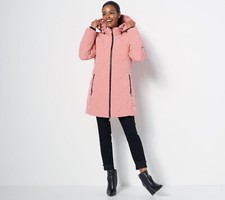 New Nuage Large Quilted Stretch Puffer Coat W/ Removeable Hood In Clay Qvc 9979