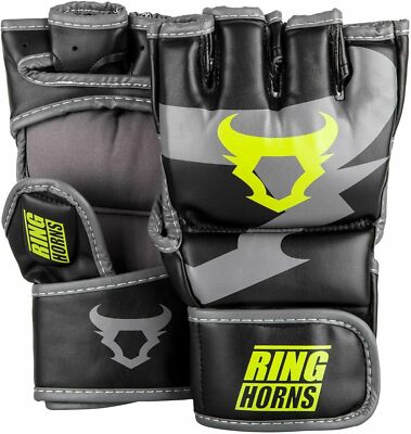 VENUM RINGHORNS CHARGER MMA GLOVES, BLACK/NEO YELLOW *DISTRESSED PKG