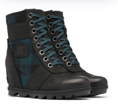 Sorel Lexie Wedge black and jade plaid 