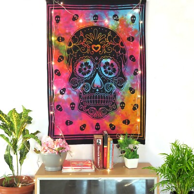 Indian Cotton Tie Dye Poster Tapestry Skull Printed Wall Hanging Art Tapestries