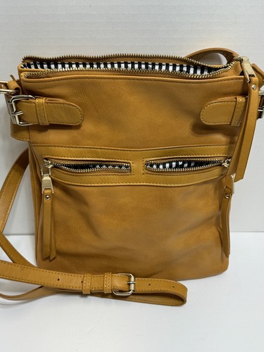 Miztique CROSSBODY PURSE Organizer HANDBAG Gold w/Black & White Stripes Zip Bag
