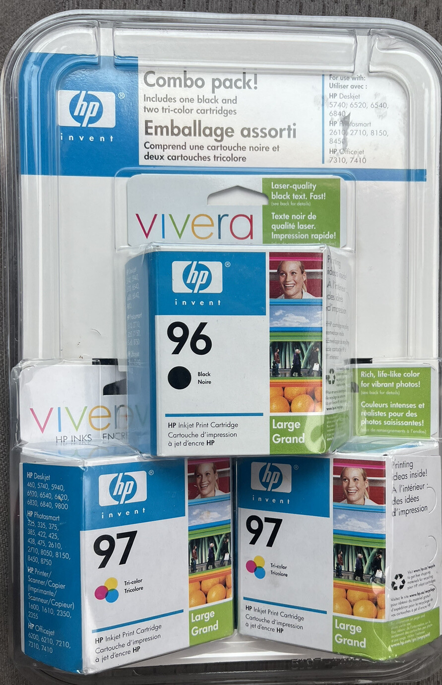 HP Vivera 3 Pack Printer Ink Combo 96 97 97 Cartridge Black Tri Color Exp 08/07 eBay