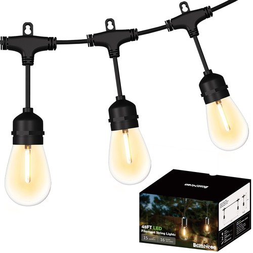 48Ft LED Outdoor String Light Patio Lights with 15 Shatterproof S14 Vintage Bulb