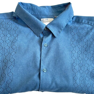 Cafe Luna Mens Cotton Button Up Shirt Blue Geo Print Short Sleeve Size XL