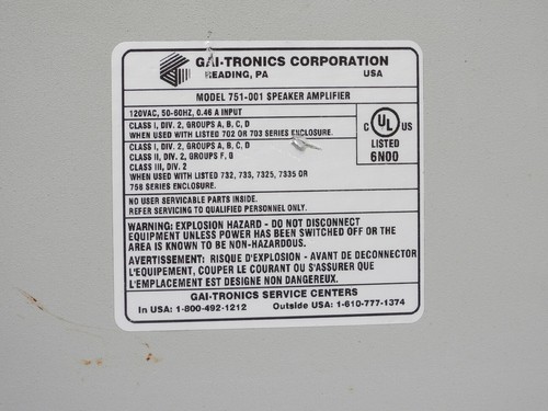 GAI TRONICS HUBBELL 751-001 SPEAKER PLANT PAGING AMPLIFIER PAGE PARTY 120VAC - 第 2/8 張圖片