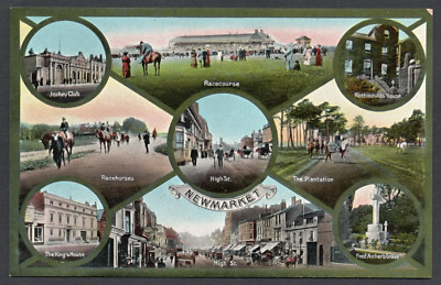 Postkarte Newmarket Suffolk Mehransicht Rennbahn Pferderennen etc frühe Ansicht