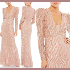 NWT $598 Mac Duggal [ 16 ] Beaded Puff Sleeve Lace Trumpet Gown Mocha Pink G1894