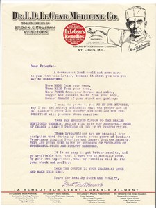 letter. 1931. Le Gera medicine for hens, cows, horses, hogs, poultry