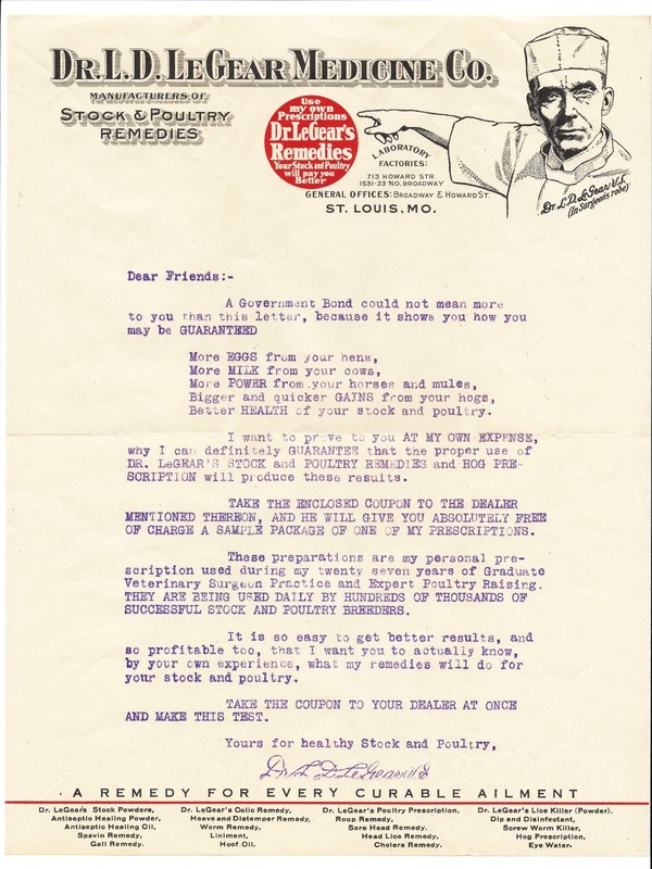 letter. 1931. Le Gera medicine for hens, cows, horses, hogs, poultry