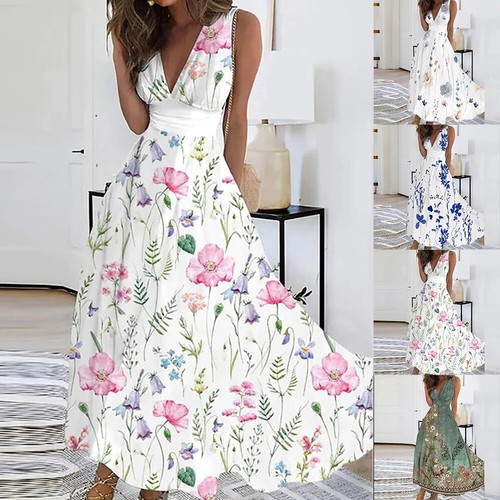 Women Floral V-Neck Maxi Dress Ladies Evening Party Holiday Beach Sundress