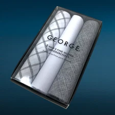 NEW George 3 Pack Men's Fine Woven 100% Cotton Handkerchiefs Gray Black White