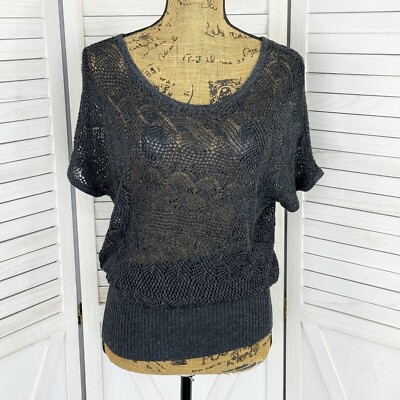 Cache Crochet Topper Sweater Women Medium Gray Dolman Cap Sleeve Sheer Knit