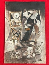 Pablo Picasso (Handmade) Drawing On old Paper Signed & Stamped Mixed Media