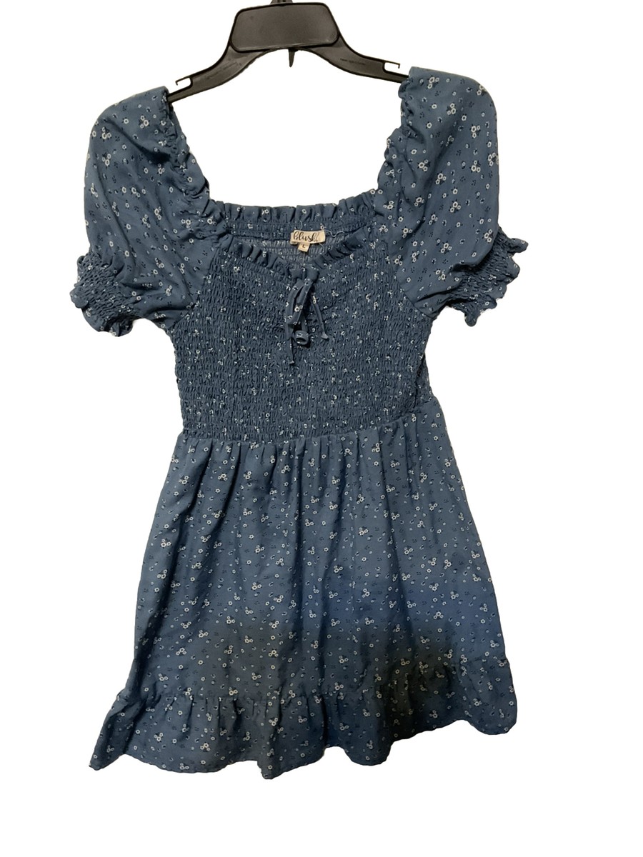 Hint of Blush Dress Blue Western A-line Mini Puffy Sleeves,elastic Top |  eBay