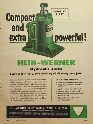 Hein-Werner Hydraulic Jacks Waukesha WI Auto Body Garage Vintage Print Ad 1956