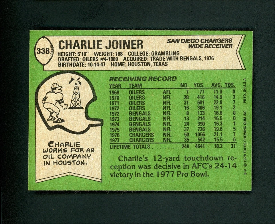 Charlie Joiner 1978 Topps (HOF) San Diego Chargers #338 MINT - Image 2 of 2