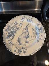 Maxcera 4 Easter Bunny Scalloped Ceramic Dinner Plates Blue Floral 11.5” New