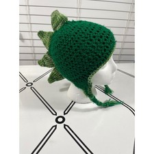 Handmade Green Dinosaur Hat Crocheted Spikes Ears Tassels Kids Toddler