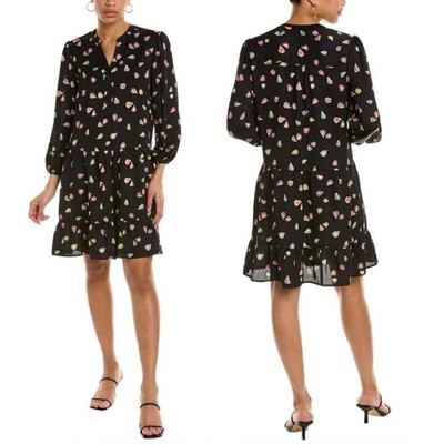 NIC+ZOE Black Mini tiered Dress watercolor pears fruit motif playful