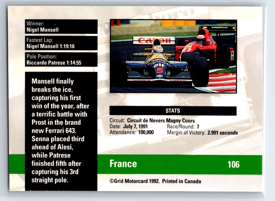 1992 Grid Formula 1 Nigel Mansell French GP #106 - Image 2 of 2