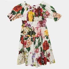 Dolce Gabbana Kids White Floral Print Cotton Tiered Dress 3 Yrs