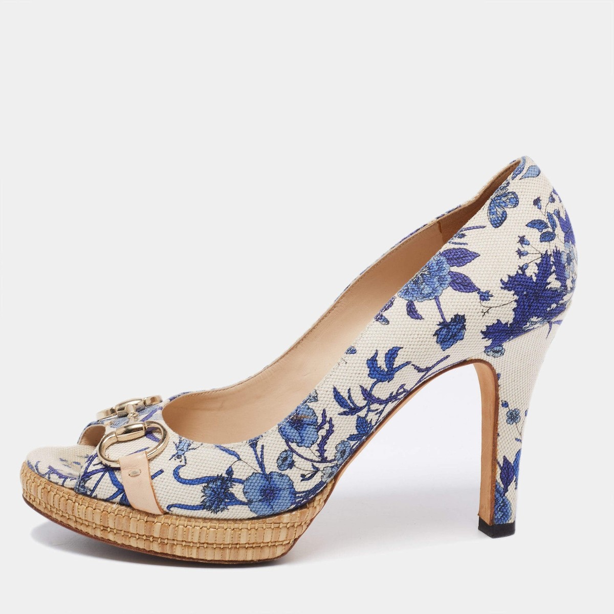 Gucci WhiteBlue Floral Print Canvas Horsebit Peep Toe Platform