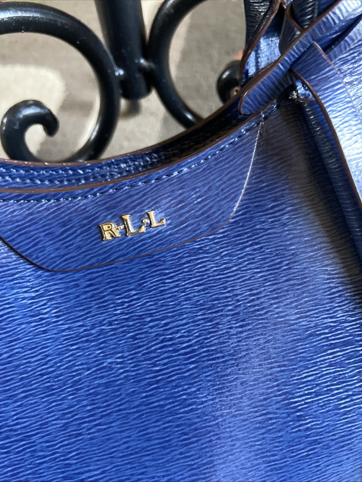 Lauren Ralph Lauren Blue Leather Tote Bag Med Side Shoulder Strap Classy Classic thumbnail 2