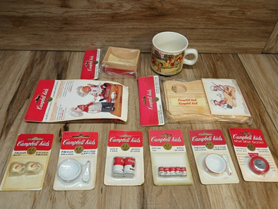 #ad Vintage 10 Campbells Kids Items Sets Miniatures Dollhouse Mug Outfits Display $50.00