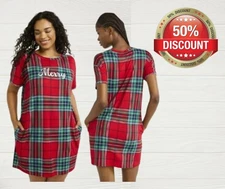SET Of 2 Joyspun Women size L-XL Short Sleeve Sleep Shirt Color Red Pepper Plaid