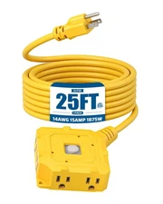 DEWENWILS 25FT Heavy Duty Outdoor Extension Cord 6-Outlet 14/3 Yellow Waterproof