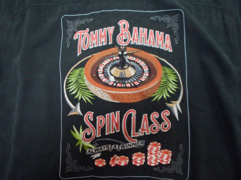 TOMMY BAHAMA 100% SILK EMBROIDERED "SPIN CLASS" CASINO ROULETTE GAMBLE BET SHIRT