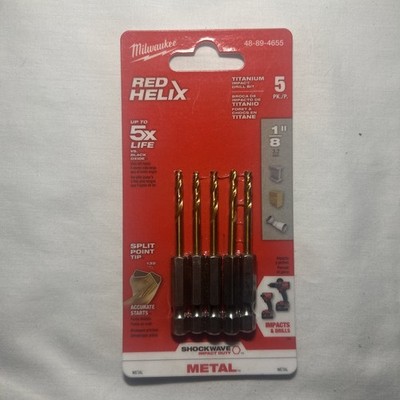 Milwaukee Red Helix 1/8in Titanium Drill Bit 5-Pack 48-89-4655 1/4 Hex Shank New