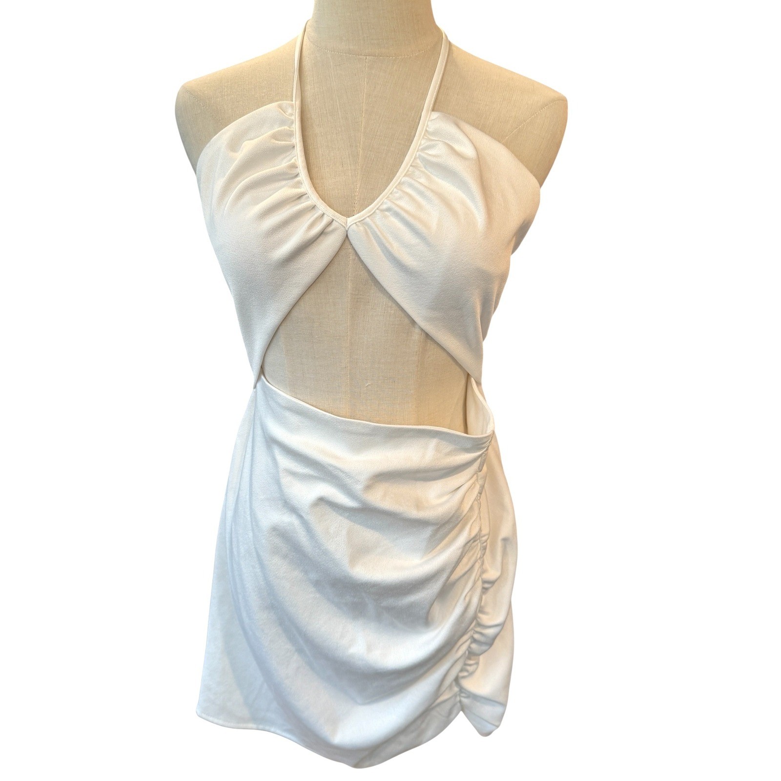 Zara White Halter Cut Out Ruched Mini Dress NWT Large Bodycon Angelcore