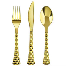 60pc Gold Hammered Plastic Cutlery Set Heavy Duty Forks Knives Spoons Reusable