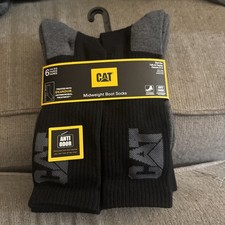 CATERPILLAR Midweight Boot Work Socks Mens 6 pairs Black Logo CAT Anti-Odor NEW