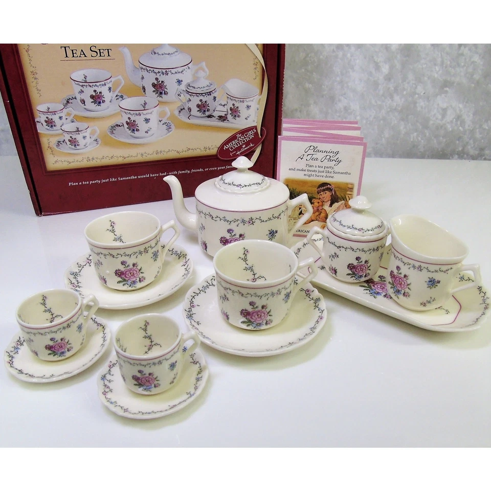 American Girl SAMANTHA TEA SET Teapot Cups Saucers Sugar Bowl Creamer Plate Box! - Image 2 of 4