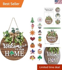 Interchangeable Seasonal Welcome Sign Front Door Decoration, Rustic Round Woo...