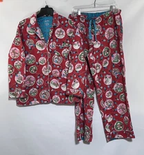 Nick & Nora Pajama Christmas Set Women Large Sock Monkey Sleepwear Pajamas Red