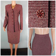 St John Collection Knits Red Cream Jacket Skirt L 12 10 2pc Suit Shimmer Buttons