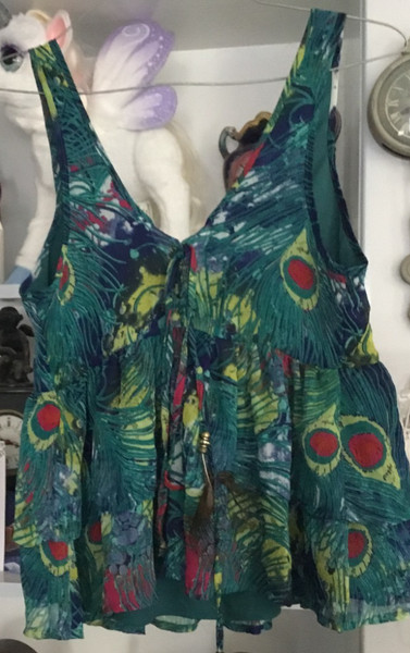 Peacock coloured crop top with peacock feathers on strap size medium*  :