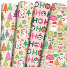  Vintage Christmas Wrapping Paper - 6 Jumbo Xmas Sheets Christmas - Pink HO HO