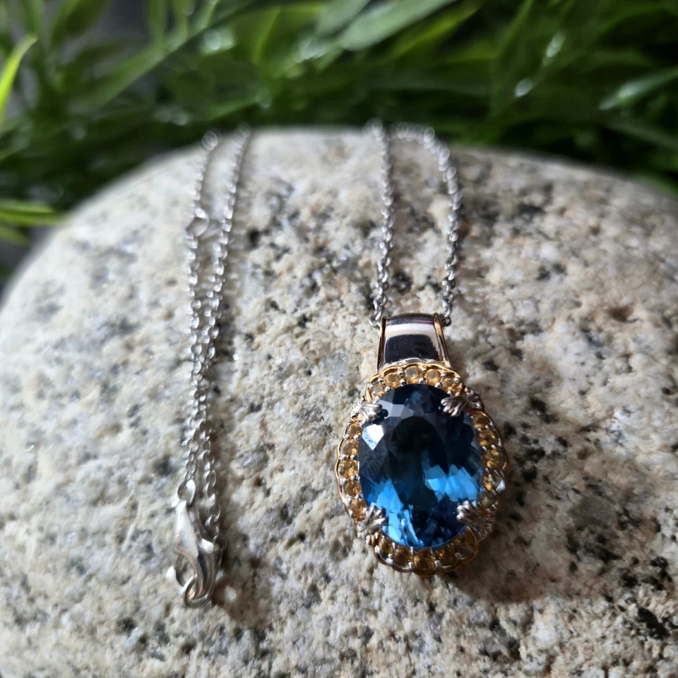 LONDON синий топаз и цитрин драгоценный камень серебро ожерелье примерно "18 дюймов - Изображение 4 из 4