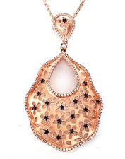 Rose Gold Silver Pendant Irregular Shape w/ Etched Flowers CZ Accent w/ Chain