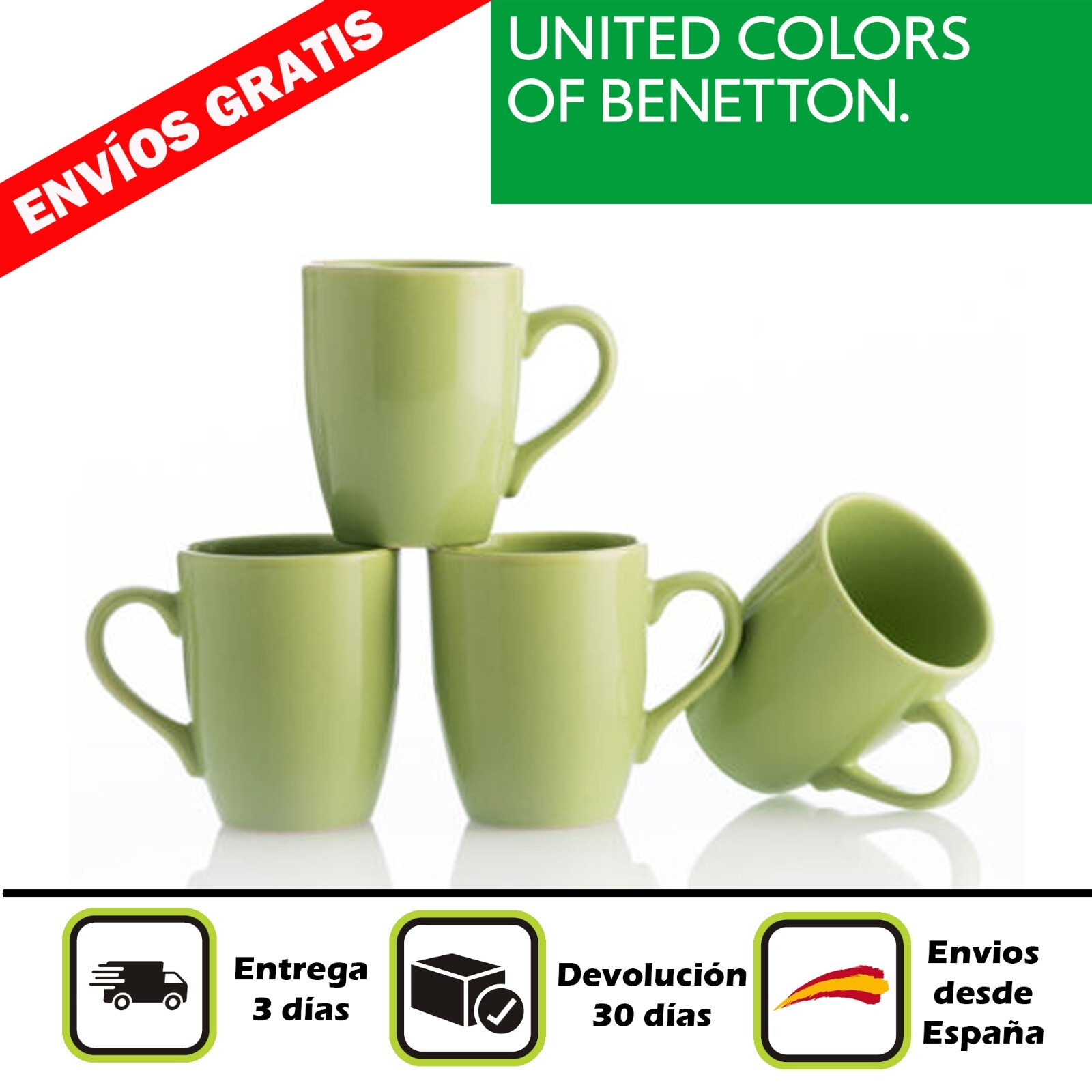 Set 4Pcs Tazas 11Cm 360Ml Loza Verde Benetton