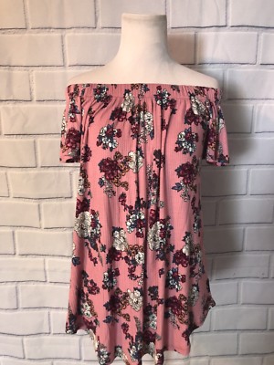 NWT Hippie Rose Off The Shoulder Knit Top Sz L Pink Floral Print Elastic New $34