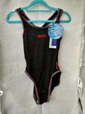 Image of Speedo Black Endurance Swimsuit With Grey & Red Detail Size GB34 BNWT